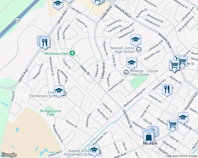 map of restaurants, bars, coffee shops, grocery stores, and more near 6909 Cedar Boulevard in Newark