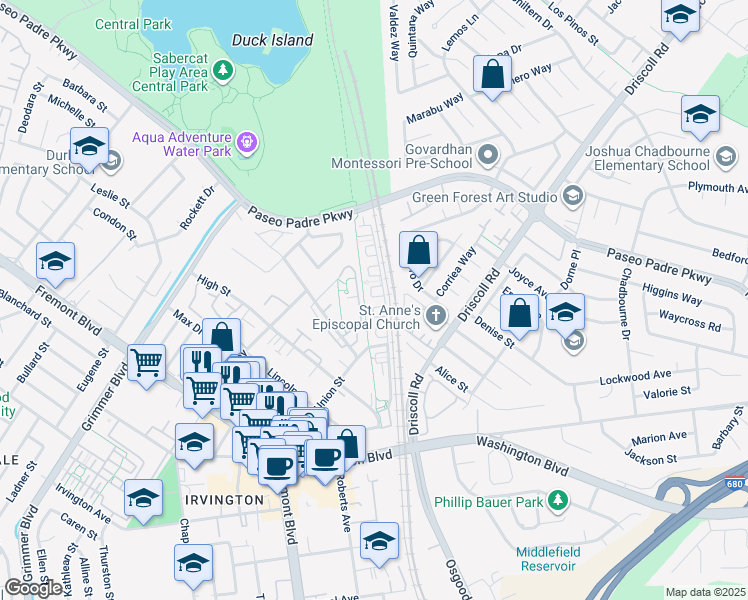 map of restaurants, bars, coffee shops, grocery stores, and more near 2973 Pescadero Terrace in Fremont
