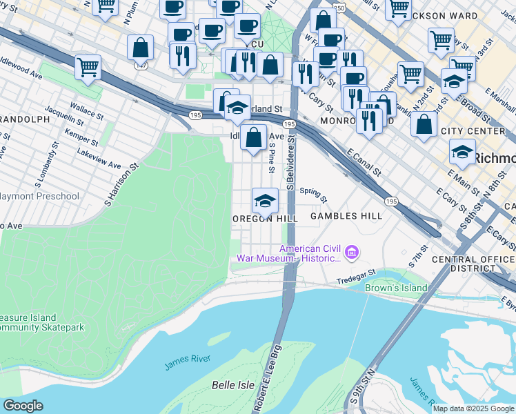 map of restaurants, bars, coffee shops, grocery stores, and more near in Richmond