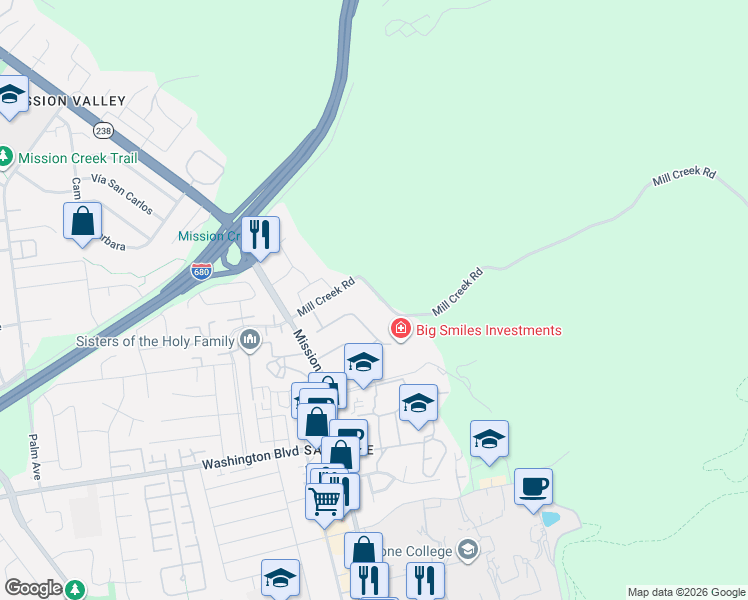 map of restaurants, bars, coffee shops, grocery stores, and more near 200 Mill Creek Road in Fremont