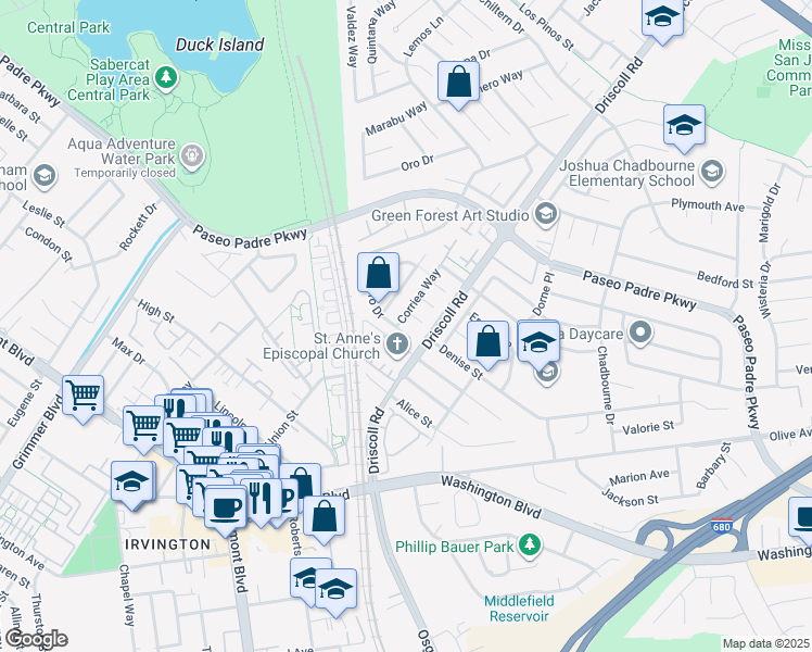 map of restaurants, bars, coffee shops, grocery stores, and more near 41057 Davila Court in Fremont