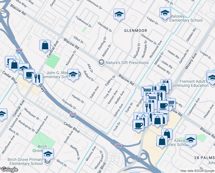 map of restaurants, bars, coffee shops, grocery stores, and more near 38396 Alta Drive in Fremont