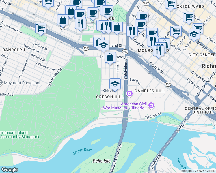 map of restaurants, bars, coffee shops, grocery stores, and more near 817 Spring Street in Richmond