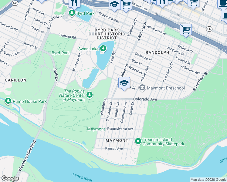 map of restaurants, bars, coffee shops, grocery stores, and more near 1307 Hampton Street in Richmond