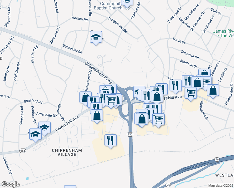 map of restaurants, bars, coffee shops, grocery stores, and more near 7201-7445 Chippenham Parkway in Richmond