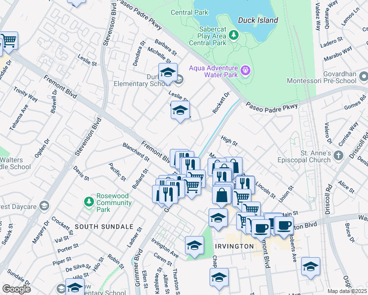 map of restaurants, bars, coffee shops, grocery stores, and more near 40457 Citrus Drive in Fremont