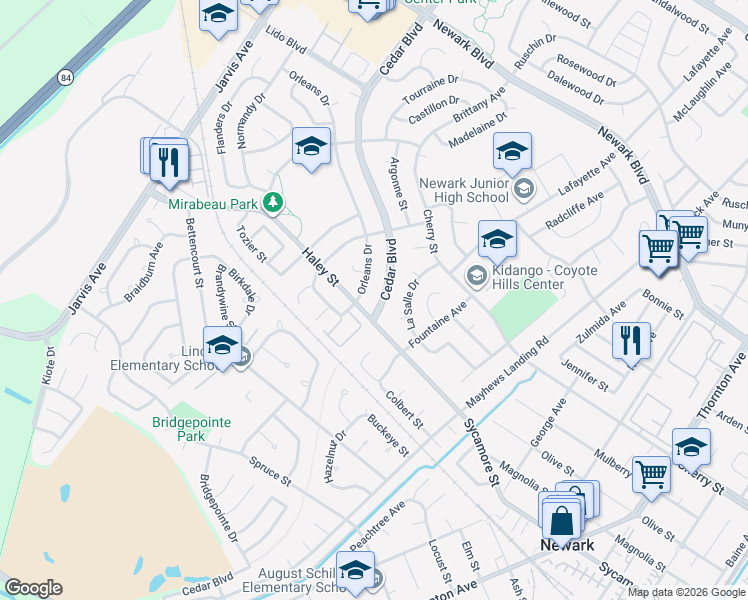 map of restaurants, bars, coffee shops, grocery stores, and more near 6909 Cedar Boulevard in Newark