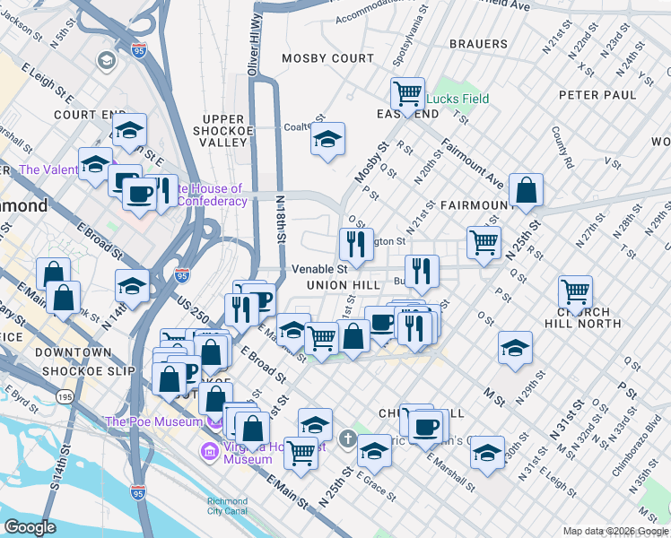 map of restaurants, bars, coffee shops, grocery stores, and more near Venable St & Mosby St in Richmond