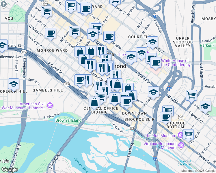 map of restaurants, bars, coffee shops, grocery stores, and more near 728 East Main Street in Richmond