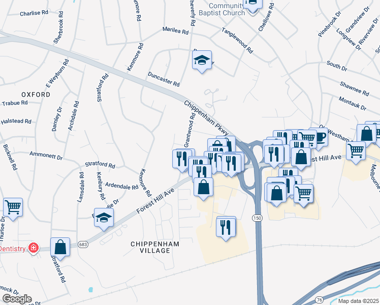 map of restaurants, bars, coffee shops, grocery stores, and more near 2751 Grantwood Road in Richmond