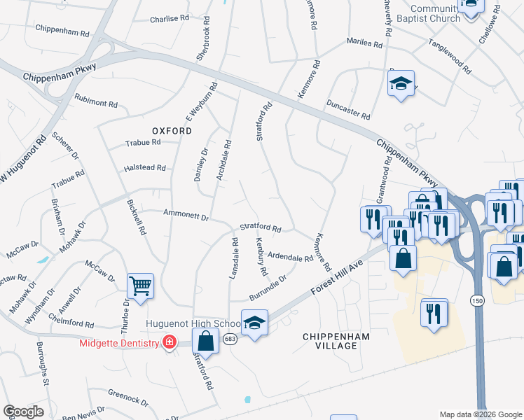 map of restaurants, bars, coffee shops, grocery stores, and more near 3001 Kenbury Road in Richmond