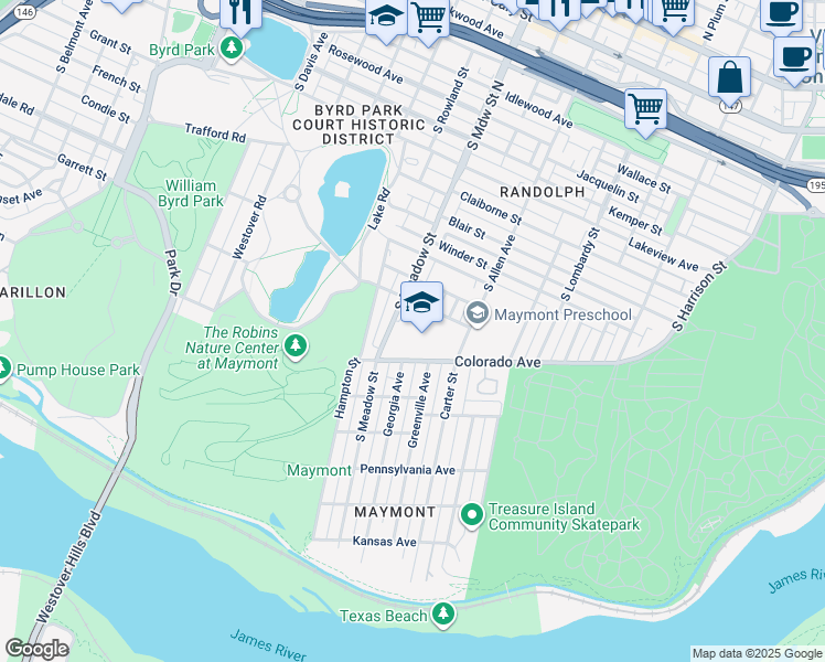 map of restaurants, bars, coffee shops, grocery stores, and more near 1821 Amelia Street in Richmond
