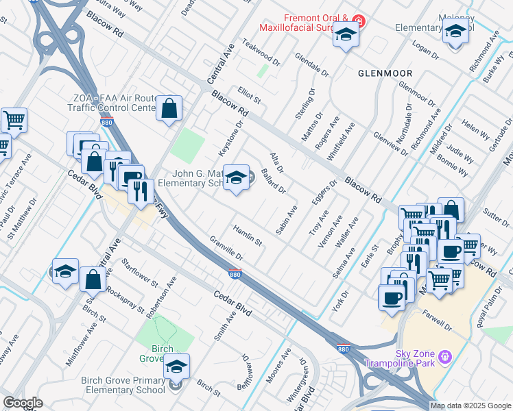 map of restaurants, bars, coffee shops, grocery stores, and more near 5257 Paxton Court in Fremont