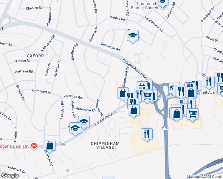 map of restaurants, bars, coffee shops, grocery stores, and more near 2710 Grantwood Court in Richmond