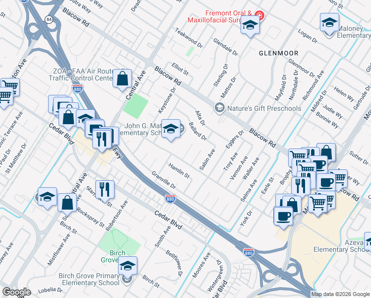 map of restaurants, bars, coffee shops, grocery stores, and more near 5257 Paxton Court in Fremont