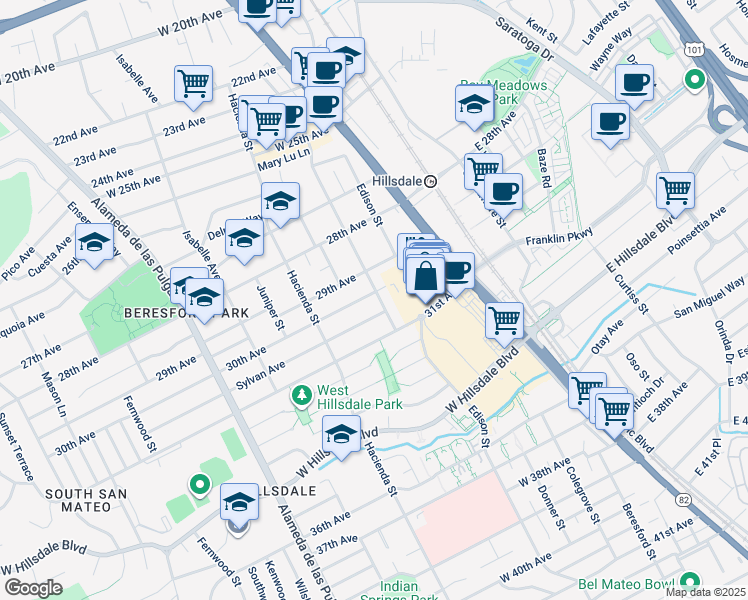 map of restaurants, bars, coffee shops, grocery stores, and more near 3000 Flores Street in San Mateo