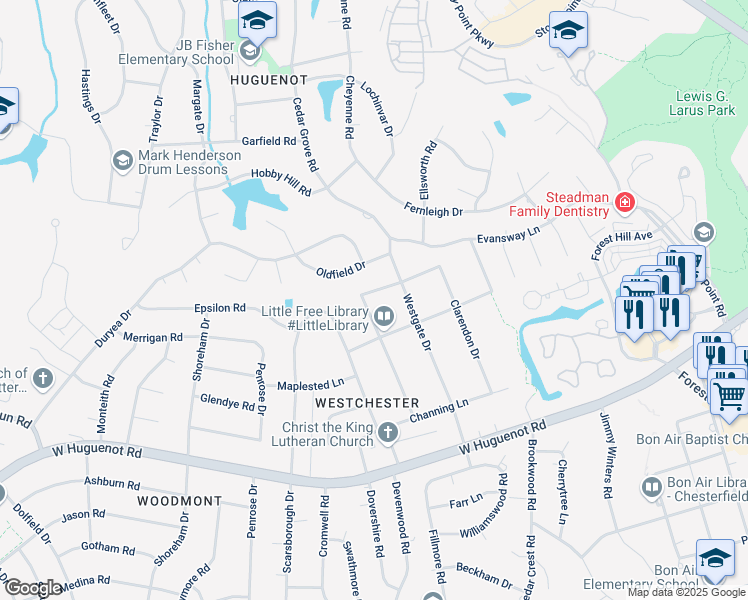 map of restaurants, bars, coffee shops, grocery stores, and more near 3037 Weymouth Drive in Richmond