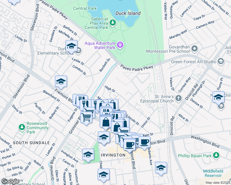 map of restaurants, bars, coffee shops, grocery stores, and more near 40777 High Street in Fremont