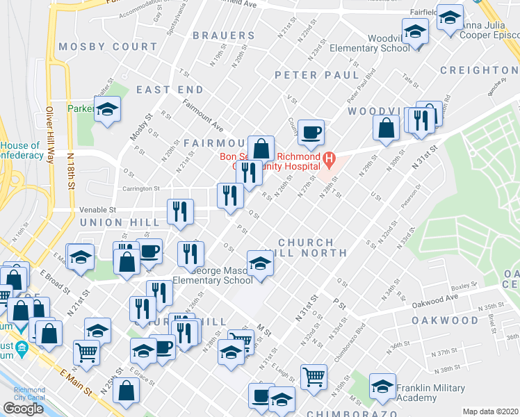map of restaurants, bars, coffee shops, grocery stores, and more near 1116 North 25th Street in Richmond
