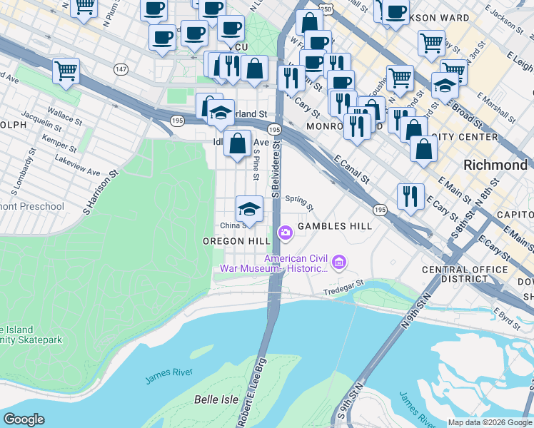 map of restaurants, bars, coffee shops, grocery stores, and more near 605V Spring Street in Richmond
