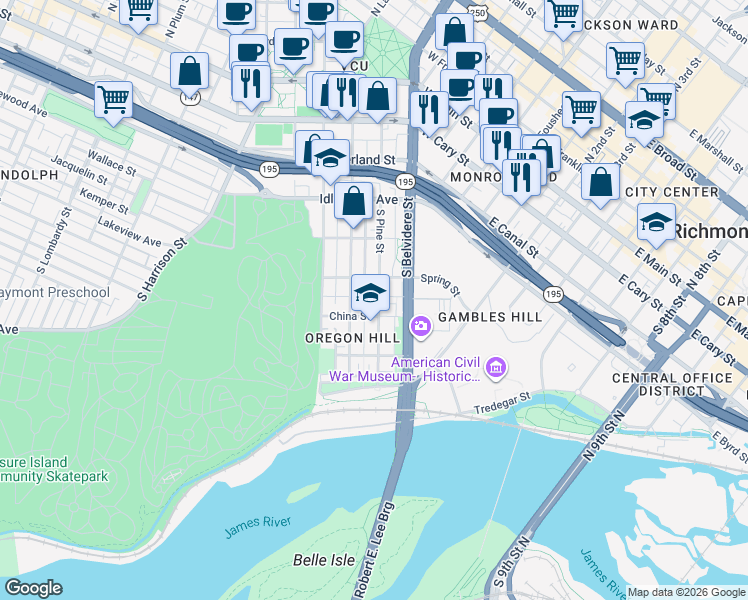 map of restaurants, bars, coffee shops, grocery stores, and more near 711 Spring Street in Richmond