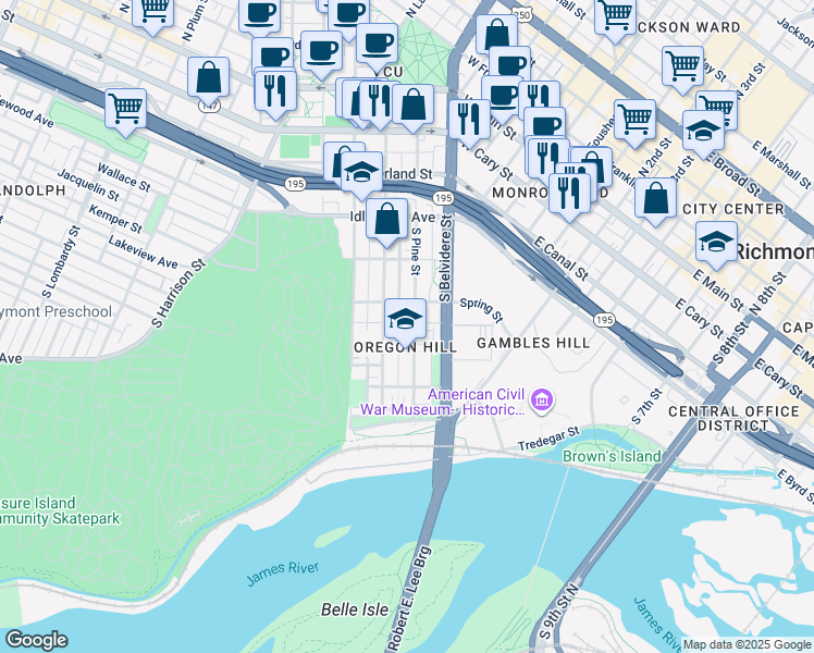 map of restaurants, bars, coffee shops, grocery stores, and more near 711 Spring Street in Richmond
