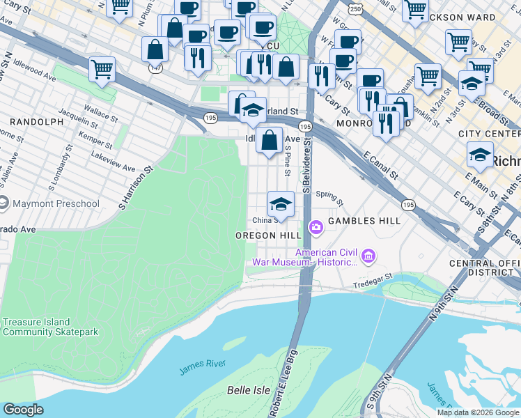 map of restaurants, bars, coffee shops, grocery stores, and more near 817 Spring Street in Richmond