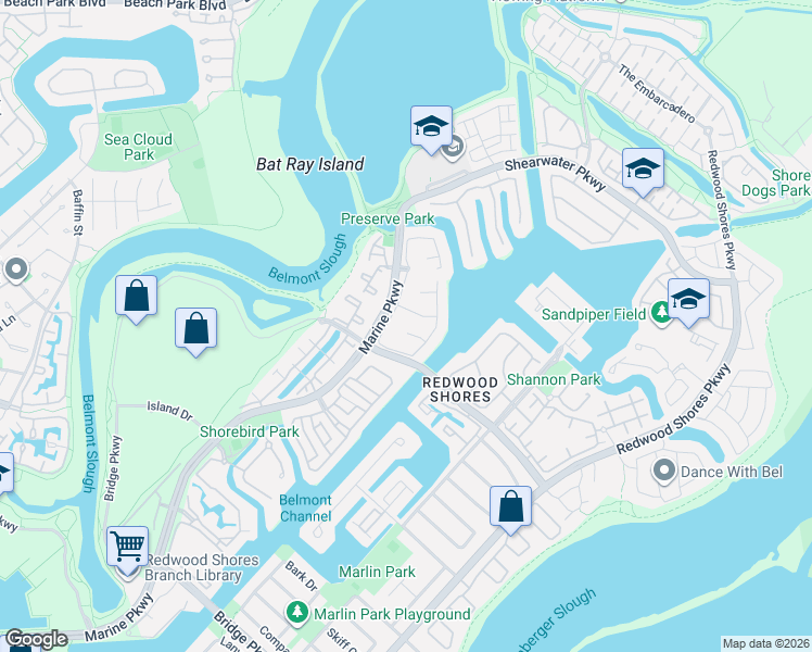 map of restaurants, bars, coffee shops, grocery stores, and more near 1 Mandalay Court in Redwood City