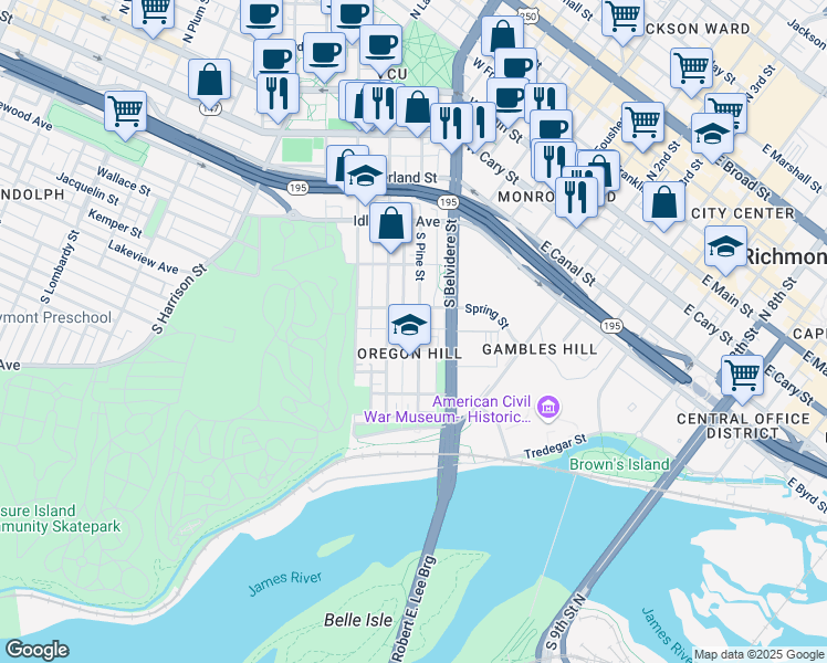 map of restaurants, bars, coffee shops, grocery stores, and more near 711 Spring Street in Richmond