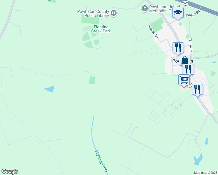 map of restaurants, bars, coffee shops, grocery stores, and more near 3900 Old Plantation Road in Powhatan