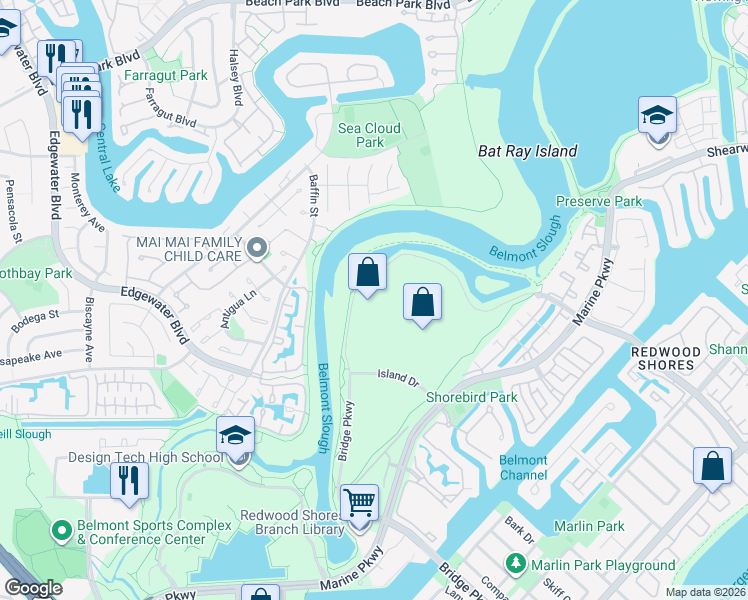 map of restaurants, bars, coffee shops, grocery stores, and more near 2000 Bridge Parkway in Redwood City
