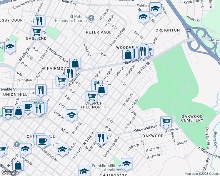 map of restaurants, bars, coffee shops, grocery stores, and more near 1401 North 29th Street in Richmond