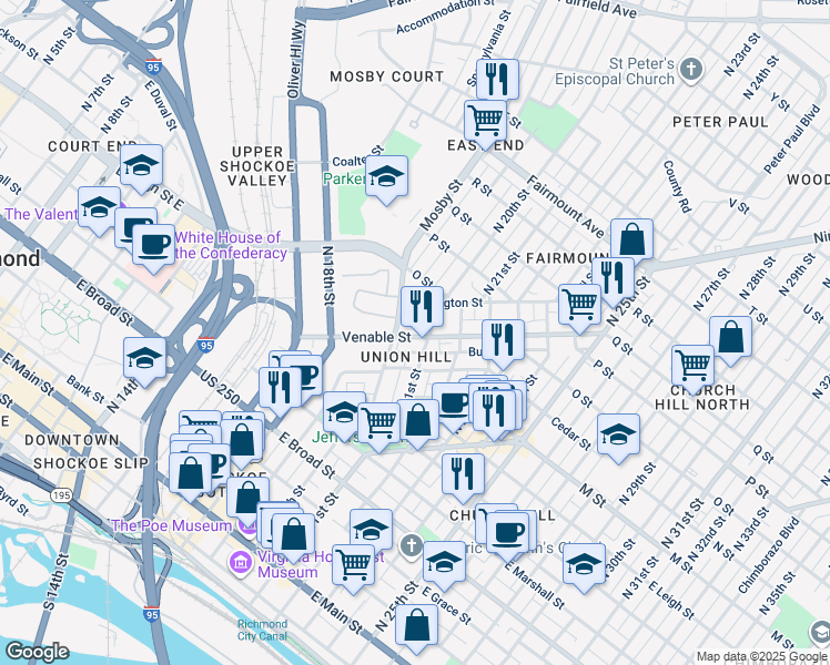 map of restaurants, bars, coffee shops, grocery stores, and more near 2016 Venable Street in Richmond