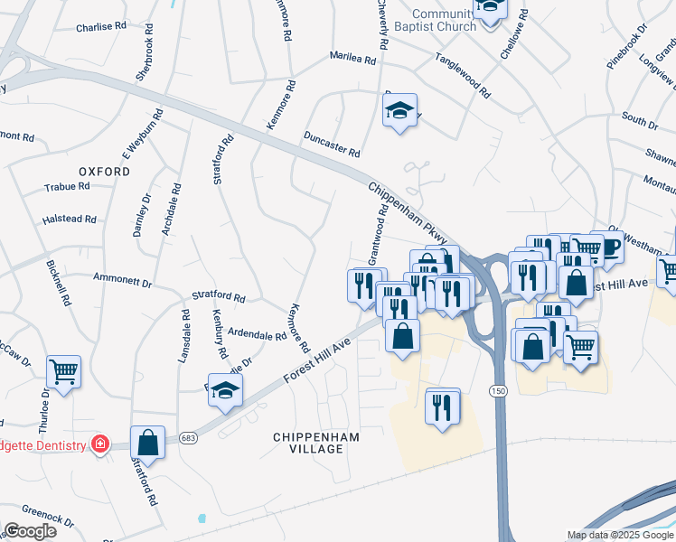 map of restaurants, bars, coffee shops, grocery stores, and more near 2710 Grantwood Court in Richmond