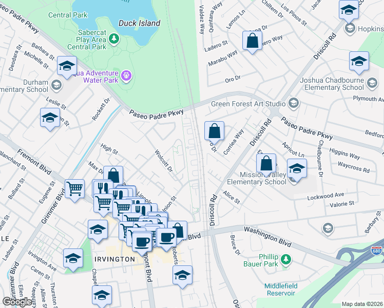 map of restaurants, bars, coffee shops, grocery stores, and more near 2901 Pescadero Terrace in Fremont