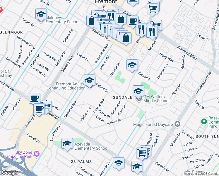 map of restaurants, bars, coffee shops, grocery stores, and more near 39538 Dorrington Court in Fremont