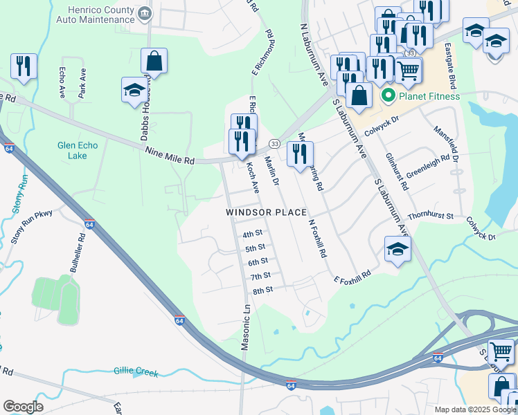 map of restaurants, bars, coffee shops, grocery stores, and more near 4319 2nd Street in Richmond