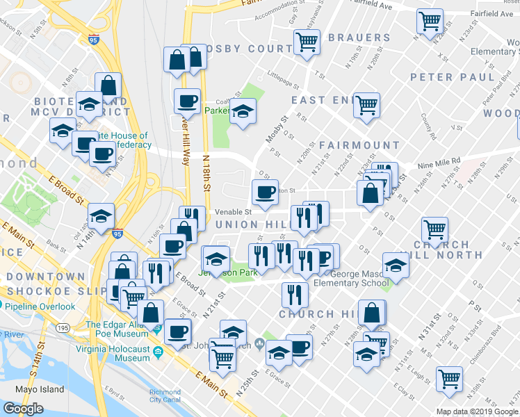 map of restaurants, bars, coffee shops, grocery stores, and more near 2016 Venable Street in Richmond