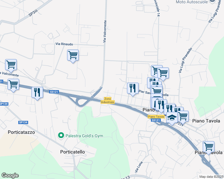 map of restaurants, bars, coffee shops, grocery stores, and more near 19 Via Giuseppe Fava in Piano Tavola