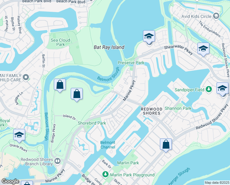 map of restaurants, bars, coffee shops, grocery stores, and more near Shell Pkwy & Port Walk Pl in Redwood City
