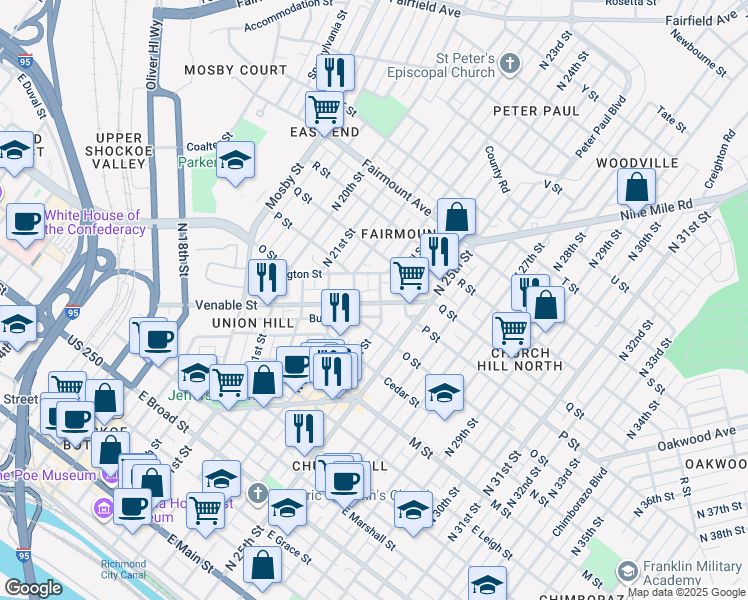 map of restaurants, bars, coffee shops, grocery stores, and more near 2318 Venable Street in Richmond
