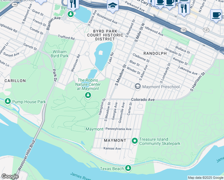 map of restaurants, bars, coffee shops, grocery stores, and more near 1312 South Meadow Street in Richmond