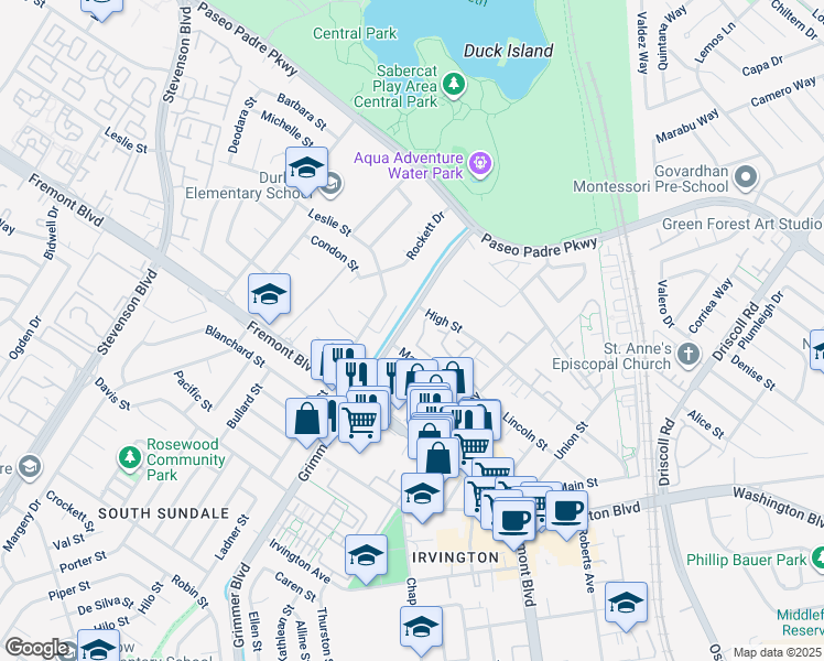 map of restaurants, bars, coffee shops, grocery stores, and more near in Fremont