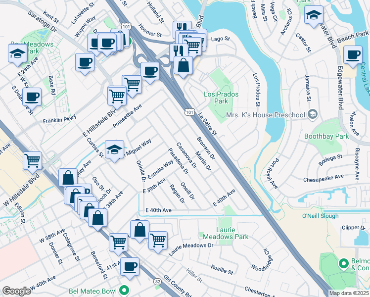 map of restaurants, bars, coffee shops, grocery stores, and more near 3729 Martin Drive in San Mateo