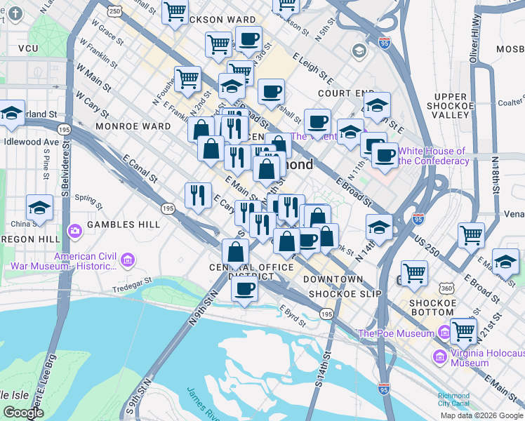 map of restaurants, bars, coffee shops, grocery stores, and more near 728 East Main Street in Richmond