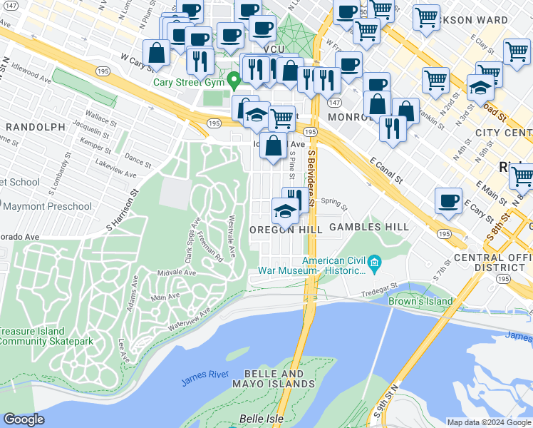 map of restaurants, bars, coffee shops, grocery stores, and more near 817 Spring Street in Richmond