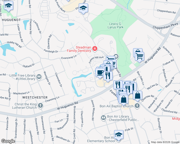 map of restaurants, bars, coffee shops, grocery stores, and more near 3112 Lake Terrace Court in Richmond