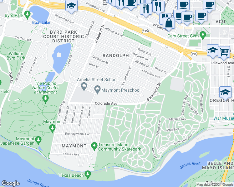 map of restaurants, bars, coffee shops, grocery stores, and more near 1112 South Lombardy Street in Richmond