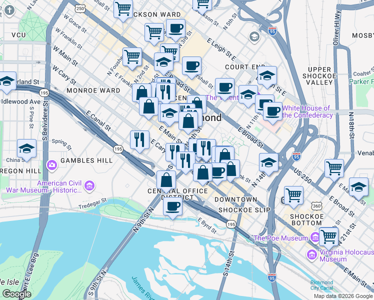 map of restaurants, bars, coffee shops, grocery stores, and more near 728 East Main Street in Richmond