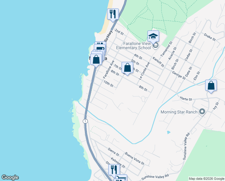 map of restaurants, bars, coffee shops, grocery stores, and more near 381 11th Street in Montara